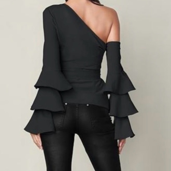 VENUS Ruffle Off the Shoulder One Sleeve Tie Waist Top - Picture 3 of 16